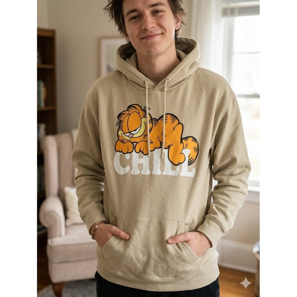 Nickelodeon‎ Garfield Chill Graphic Hoodie Tan Mad Engine Mens XL Sweatshirt